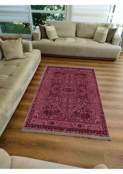 Mars Serisi Bordo Tonlarında Etnik Otantik Eskitme Desen Kaymaz Taban Şönil Halı fırsatları