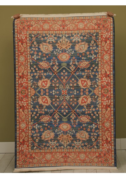 Mars 2030 Pastel Lacivert Kiremit Çiçekli Retro Bohem Dokuma Taban Salon Halısı Mutfak Halısı