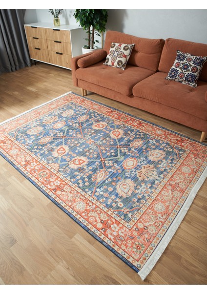 Mars 2030 Pastel Lacivert Kiremit Çiçekli Retro Bohem Dokuma Taban Salon Halısı Mutfak Halısı fiyatları