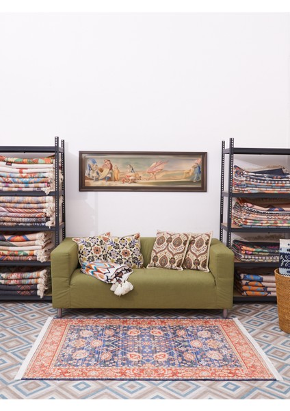 Mars 2030 Pastel Lacivert Kiremit Çiçekli Retro Bohem Dokuma Taban Salon Halısı Mutfak Halısı modelleri