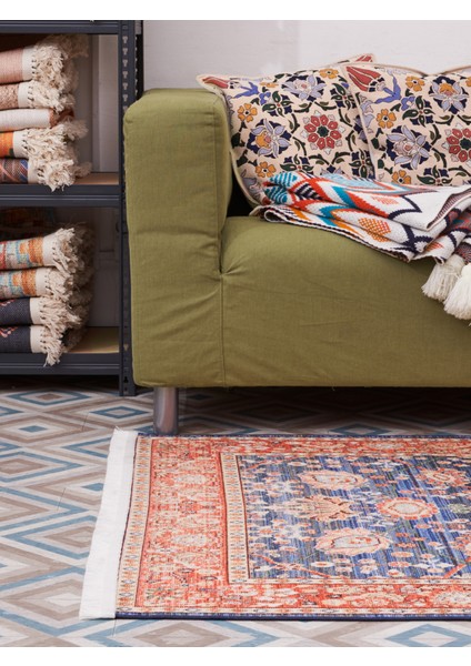 Mars 2030 Pastel Lacivert Kiremit Çiçekli Retro Bohem Dokuma Taban Salon Halısı Mutfak Halısı fırsatları