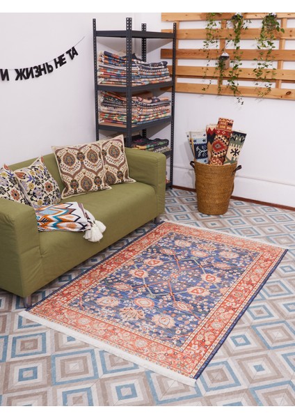 Mars 2030 Pastel Lacivert Kiremit Çiçekli Retro Bohem Dokuma Taban Salon Halısı Mutfak Halısı