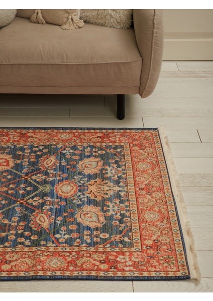 Mars 2030 Pastel Lacivert Kiremit Çiçekli Retro Bohem Dokuma Taban Salon Halısı Mutfak Halısı