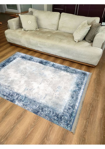 Mars Serisi Mavi Krem Tonlarında Etnik Geometrik Desen Kaymaz Taban Şönil Halı indirimleri