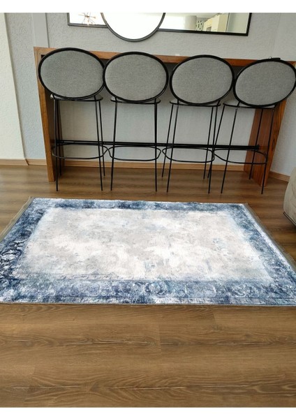 Mars Serisi Mavi Krem Tonlarında Etnik Geometrik Desen Kaymaz Taban Şönil Halı