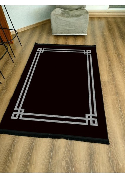 Mars Serisi Siyah Beyaz Çerçeveli Etnik ve Geometrik Desen Kaymaz Taban Şönil Halı modelleri