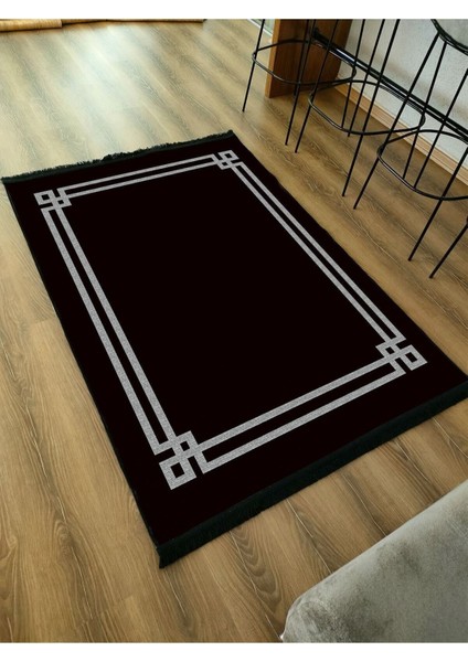 Mars Serisi Siyah Beyaz Çerçeveli Etnik ve Geometrik Desen Kaymaz Taban Şönil Halı indirimleri