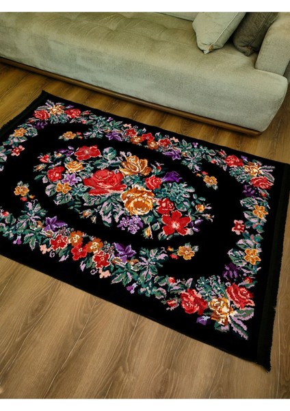 Mars Serisi Siyah ve Multy Tonlarda Çiçekli Desen Kaymaz Taban Şönil Halı