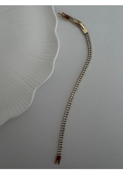 Özel Seri Xp Çift Sıra Su Yolu Zirkon Taşlı Gold Bileklik modelleri