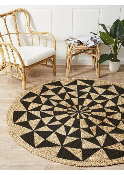 Boho 915 Geometrik Desen Baskılı Örgü Yuvarlak Natural Çift Taraflı Halı fiyatları