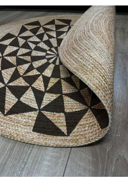Boho 915 Geometrik Desen Baskılı Örgü Yuvarlak Natural Çift Taraflı Halı indirimleri
