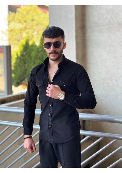 Slimfit Kesim Erkek Kadife Kumas Cift Cepli Gömlek-Siyah