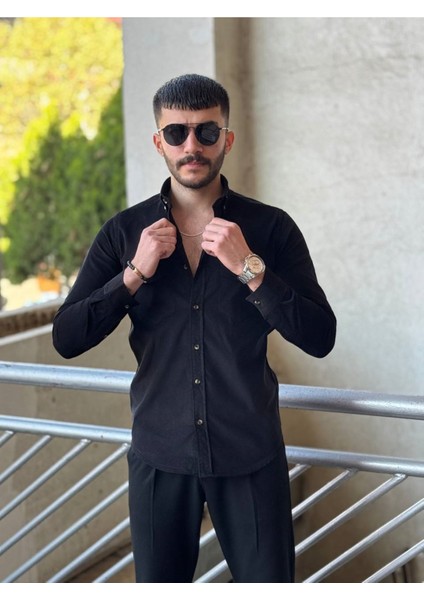 Slimfit Kesim Erkek Kadife Kumas Cift Cepli Gömlek-Siyah fiyatları