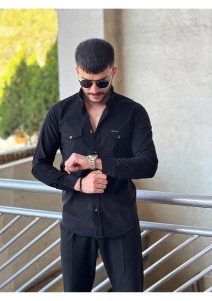 Slimfit Kesim Erkek Kadife Kumas Cift Cepli Gömlek-Siyah modelleri