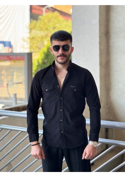 Slimfit Kesim Erkek Kadife Kumas Cift Cepli Gömlek-Siyah fırsatları