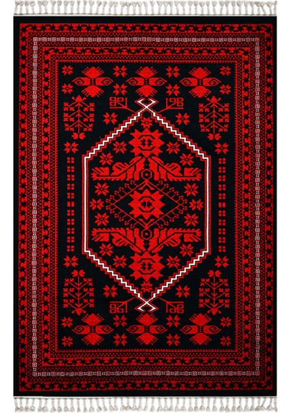 Mars 2009 Kırmızı Siyah Bordürlü Etnik Vintage Görünüm Dokuma Taban Halı
