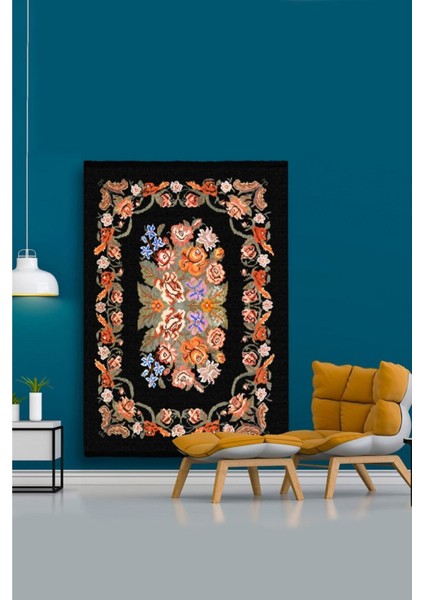 Mars 2004 Siyah Çiçekli Bordürlü Klasik Desen Kaymaz Taban Dekoratif Halı