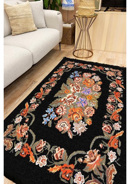 Mars 2004 Siyah Çiçekli Bordürlü Klasik Desen Kaymaz Taban Dekoratif Halı fiyatları