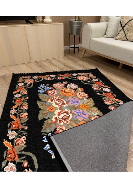 Mars 2004 Siyah Çiçekli Bordürlü Klasik Desen Kaymaz Taban Dekoratif Halı fırsatları
