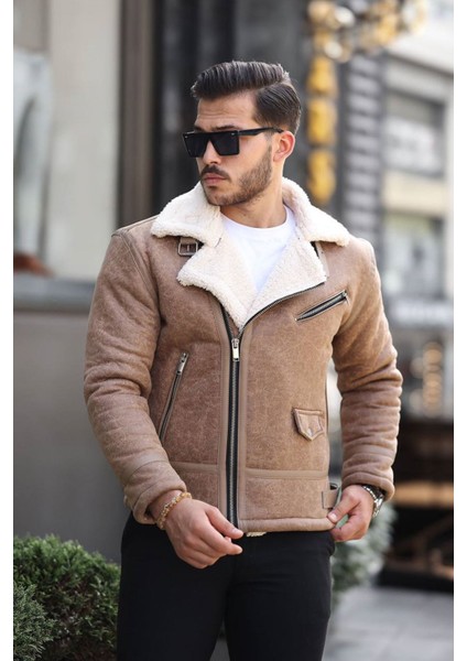 1054-SLIMFIT Kesim Erkek Yan Fermuarlı Kürk Yaka Süet Deri Mont-Vizon