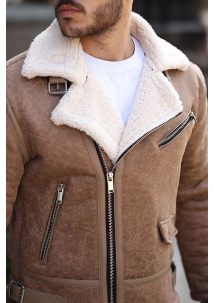 1054-SLIMFIT Kesim Erkek Yan Fermuarlı Kürk Yaka Süet Deri Mont-Vizon fiyatları