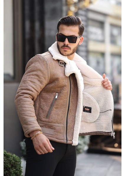 1054-SLIMFIT Kesim Erkek Yan Fermuarlı Kürk Yaka Süet Deri Mont-Vizon modelleri