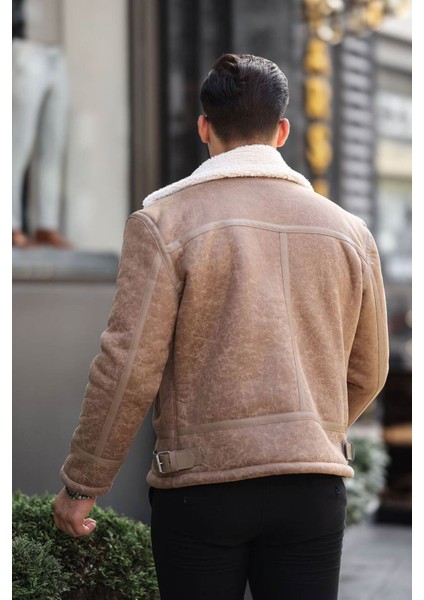 1054-SLIMFIT Kesim Erkek Yan Fermuarlı Kürk Yaka Süet Deri Mont-Vizon fırsatları