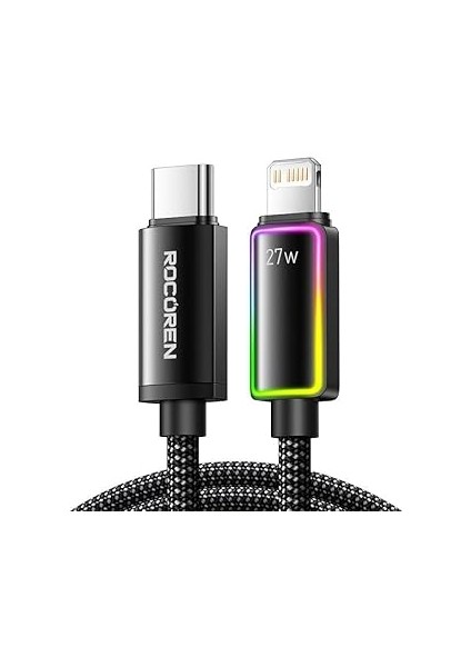 Rocoren 27W Type-C To Rgb Aydınlatmalı Örgülü Şarj ve Data Kablosu 2 Metre