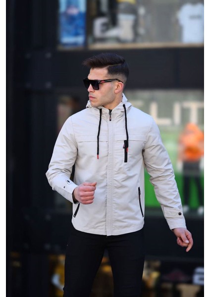 Slimfit Kesim Duz Desen Mevsimlik Kapşonlu Mont-Bej