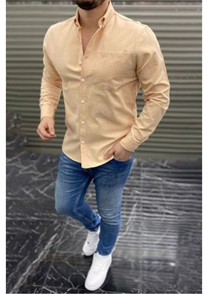 Slimfit Kesim Erkek Tek Cepli Gabardin Gomlek-Somon