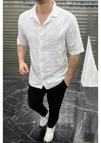 Regular Kesim Desenli Kısa Kollu Cotton Gömlek-Beyaz