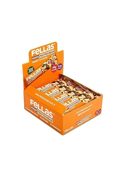 Fellas Yüksek Protein Bar, Yer Fıstıklı ve Kakaolu, 45GR x 12 Adet