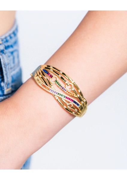 Billy Renkli Taşlı 14 Ayar Altın Kaplama Kelepçe Bileklik