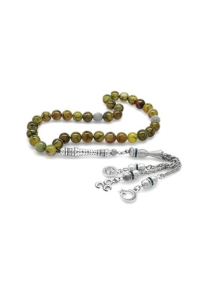 Tesbihane Kararmaz Metal Püsküllü Küre Kesim Damarlı Yosun Yeşili Akik Doğaltaş Tesbih