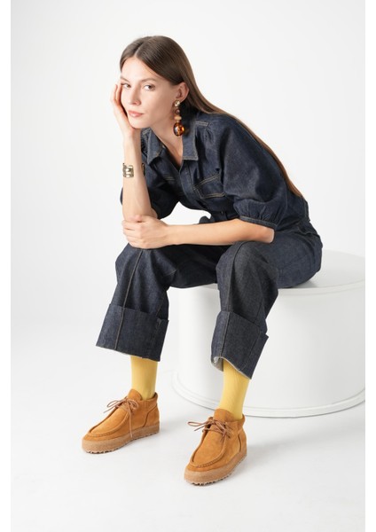 %100 Doğal Deri Rebel Kadın Süet Deri Taba Yarım Bot