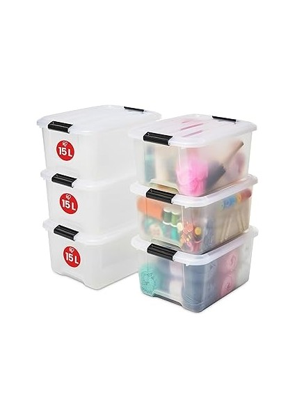 Iris Ohyama Kapaklı Plastik Saklama Kutuları, 15L, 6'lı Set, Şeffaf