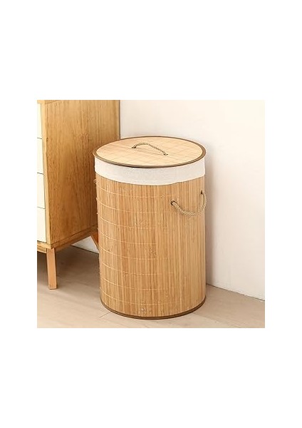 Qcraft Ekolojik Bambu Çok Amaçlı Saklama Sepeti, Pamuk Bez Iç Astarlı, Kapaklı ve Halat Saplı Moder
