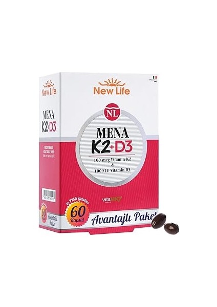 New Life Mena Vitamin K2 + D3 60 Kapsül Aromasiz Renkli