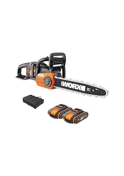 Worx 40 V Akülü Zincirli Testere WG384E, 2 x 2,0 Ah, Powershare, Fırçasız Motor, Aletsiz Zincir Ger