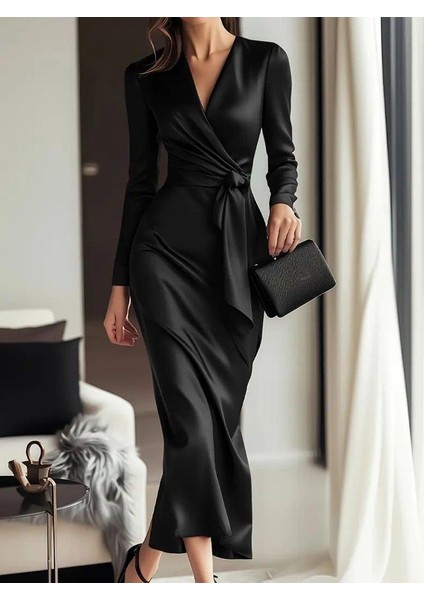 Kadın Uzun Kollu Kruvaze Yakalı Beli Kuşaklı Uzun Saten Elbise