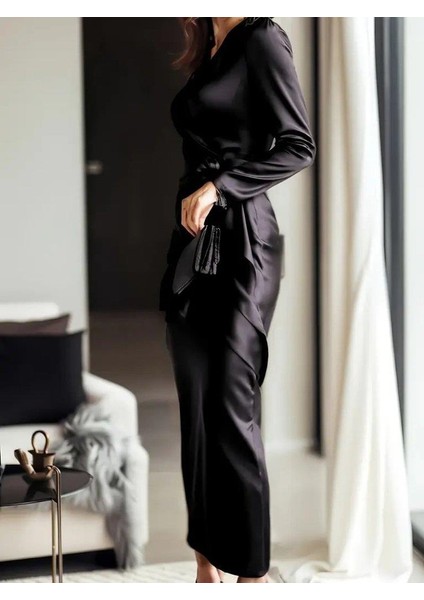 Kadın Uzun Kollu Kruvaze Yakalı Beli Kuşaklı Uzun Saten Elbise fiyatları