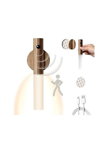 Worlude USB ile Şarj Edilebilir Duvar Lambası, Ahşap, Iç Mekan, Hareket Sensörlü, Indüksiyonlu, Pil