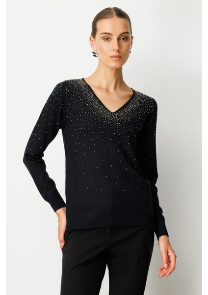 V Yaka Önü Taşlı Triko Kazak 65315-26K