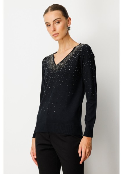 V Yaka Önü Taşlı Triko Kazak 65315-26K fiyatları