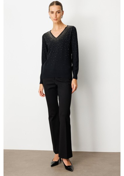 V Yaka Önü Taşlı Triko Kazak 65315-26K modelleri