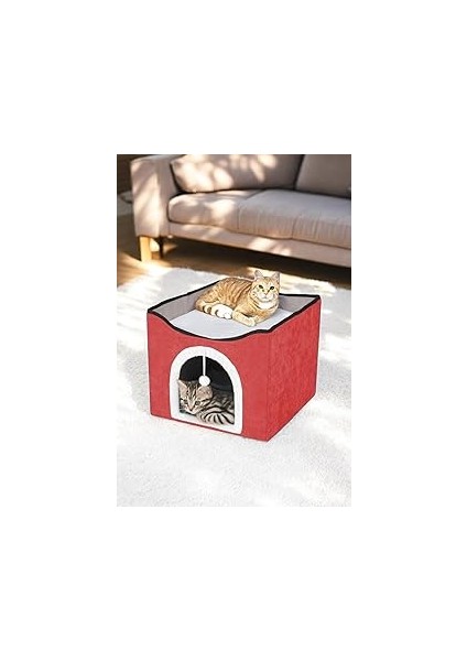 Ti̇neke Sevimli Katlanır Taşınabilir Çok Fonksiyonlu Kapalı Kedi Evi Yatağı Kirmizi