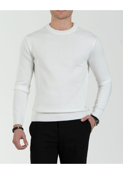 Italyan Stil Slim Fit Erkek Bisiklet Yaka Triko Kazak Ekru T13119