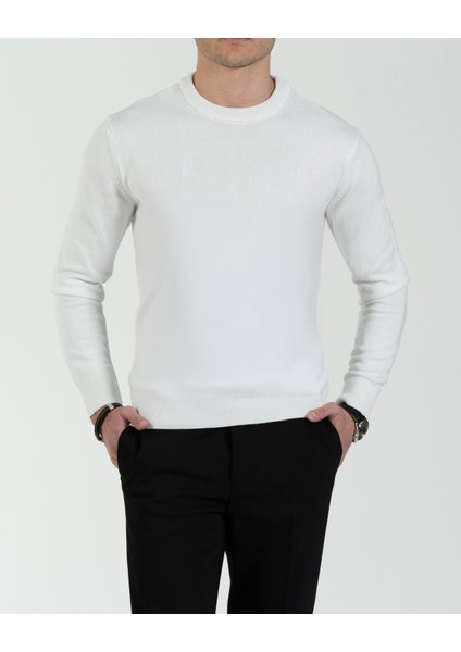 Italyan Stil Slim Fit Erkek Bisiklet Yaka Triko Kazak Ekru T13119