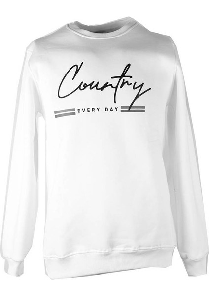 0 Yaka 3 Ip Ekru Erkek Sweatshirt Country Baskı