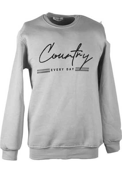 0 Yaka 3 Ip Gri Erkek Sweatshirt Country Baskı